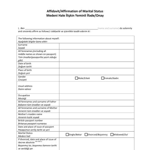 Document preview: Turkey: affirmation or affidavit of marital status template — Foreign, Commonwealth & Development Office, United Kingdom