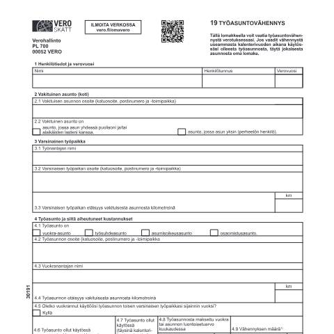 Document preview: 19 Työasuntovähennys (3019) — 19 Työasuntovähennys (3019), Suomi (CERFA n°Vero 3019)