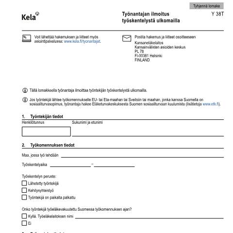 Document preview: Työnantajan ilmoitus työskentelystä ulkomailla — Maasta- ja maahanmuutto, Suomi (CERFA n°Kela Y 38T)