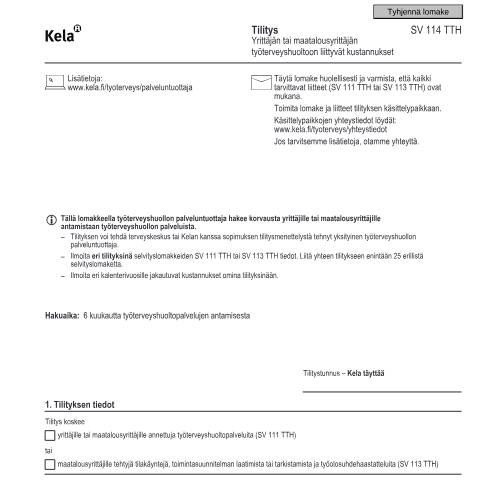 Document preview: Tilitys - Yrittäjän tai maatalousyrittäjän työterveyshuoltoon liittyvät kustannukset — Sairastaminen, Suomi (CERFA n°Kela SV 114 TTH)