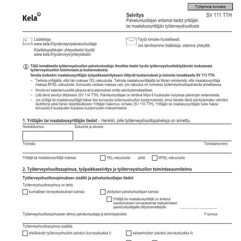 Document preview: Selvitys - Palveluntuottajan antamat tiedot yrittäjän tai maatalousyrittäjän työterveyshuollosta — Sairastaminen, Suomi (CERFA n°Kela SV 111 TTH)