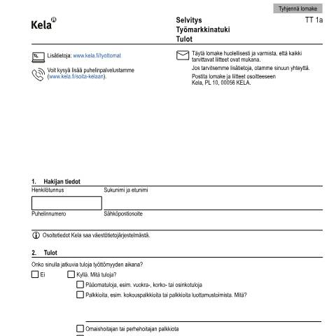 Document preview: Selvitys - Työmarkkinatuki - Tulot — Työttömyys, Suomi (CERFA n°Kela TT 1a)
