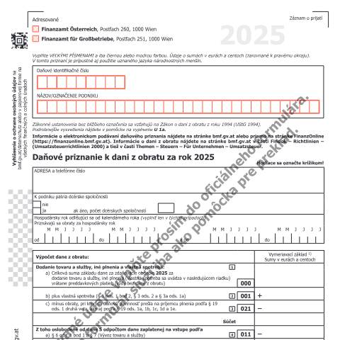 Dokumentvorschau: U1-SK — Daňové priznanie k dani z obratu za rok 2025 — Steuern, Österreich (CERFA n°U1-SK)