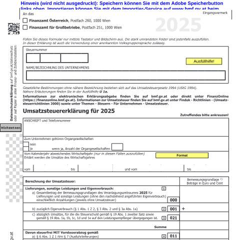Dokumentvorschau: U1 — Umsatzsteuererklärung für 2025 — Steuern, Österreich (CERFA n°U1)