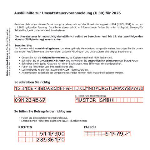 Dokumentvorschau: U30a — Ausfüllhilfe zur Umsatzsteuervoranmeldung (U 30) für 2026 — Steuern, Österreich (CERFA n°U30a)
