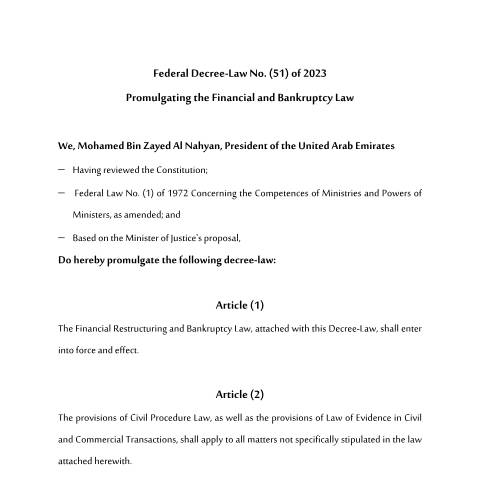 Document preview: Federal Decree-Law No. (51) of 2023 Promulgating the Financial and Bankruptcy Law — Bankruptcy and Insolvency, United Arab Emirates (CERFA n°Federal Decree-Law No. (51) of 2023)
