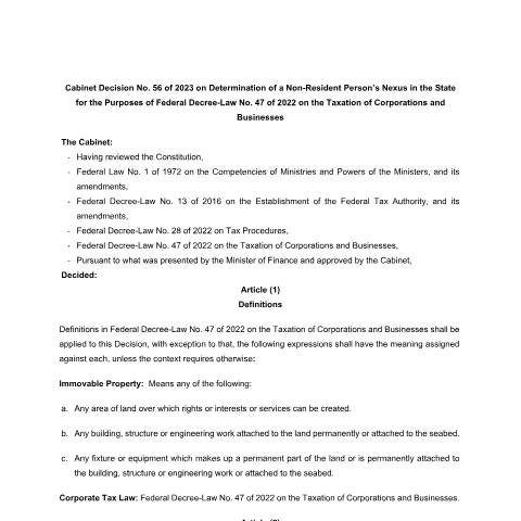 Document preview: Cabinet Decision No (56) of 2023 on Determination of a Non-Resident Person’s Nexus in the State for the Purposes of Federal Decree-Law No (47) of 2022 on the Taxation of Corporations and Businesses — Tax Legislation, United Arab Emirates (CERFA n°Cabinet Decision No (56) of 2023)