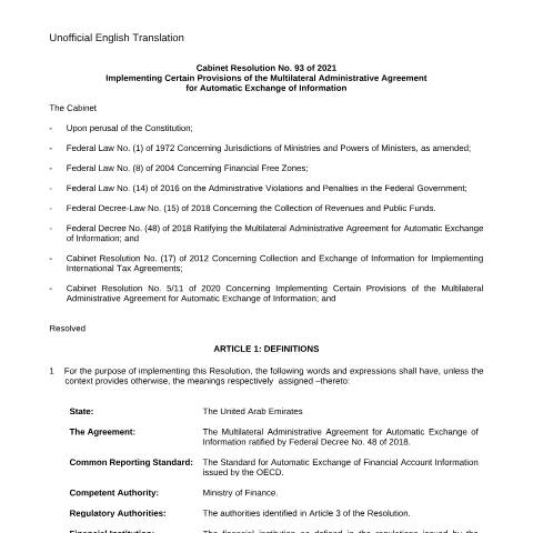 Document preview: Cabinet Resolution No (93) of 2021 Implementing Certain Provisions of the Multilateral Administrative Agreement for Automatic Exchange of Information — Automatic Exchange of Information, United Arab Emirates (CERFA n°Cabinet Resolution No (93) of 2021)