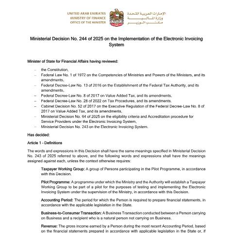 Document preview: Ministerial Decision No. 244 of 2025 on the Implementation of the Electronic Invoicing System — Tax Legislation, United Arab Emirates (CERFA n°Ministerial Decision No. 244 of 2025)