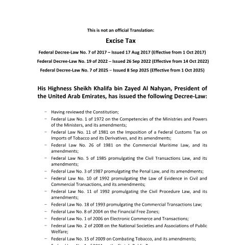 Document preview: Federal Decree-Law No. 7 of 2017 on Excise Tax and its amendments — Tax Legislation, United Arab Emirates (CERFA n°Federal Decree-Law No. 7 of 2017)