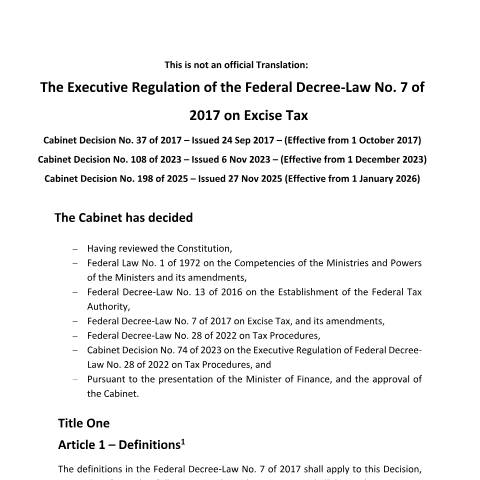 Document preview: Cabinet Decision No (37) of 2017 on the Executive Regulation of Federal Decree-Law No (7) of 2017 on Excise Tax and its amendments — Tax Legislation, United Arab Emirates (CERFA n°Cabinet Decision No (37) of 2017)