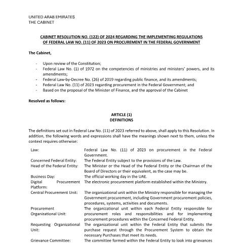 Document preview: Cabinet Resolution No (122) of 2024 Regarding the Implementing Regulations of Federal Law No (11) of 2023 on Procurement in the Federal Government — Federal Procurement, United Arab Emirates (CERFA n°Cabinet Resolution No (122) of 2024)
