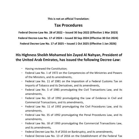 Document preview: Federal Decree-Law No. 28 of 2022 and amendments — Tax Legislation, United Arab Emirates (CERFA n°Federal Decree-Law No. 28 of 2022)
