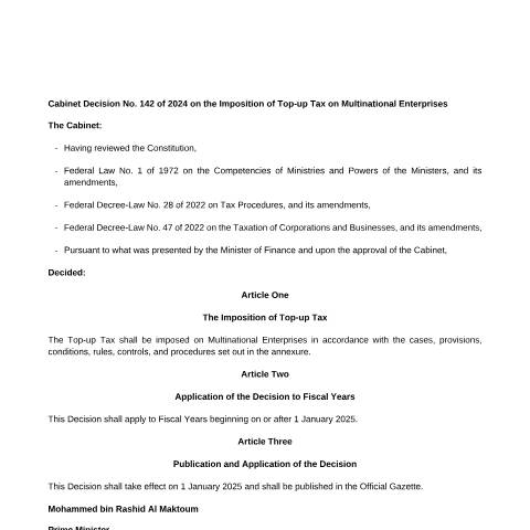 Document preview: Cabinet Decision No (142) of 2024 on the Imposition of Top-up Tax on Multinational Enterprises — Tax Legislation, United Arab Emirates (CERFA n°Cabinet Decision No (142) of 2024)
