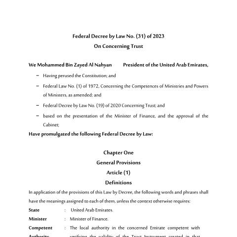 Document preview: Federal Decree by Law No (31) of 2023 Concerning Trust — Guarantees, United Arab Emirates (CERFA n°Law No (31) of 2023)