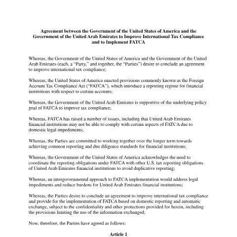 Document preview: Intergovernmental Agreement between the U.S and the UAE ​​ — Automatic Exchange of Information, United Arab Emirates (CERFA n°FATCA-Agreement-UAE-6-17-2015)