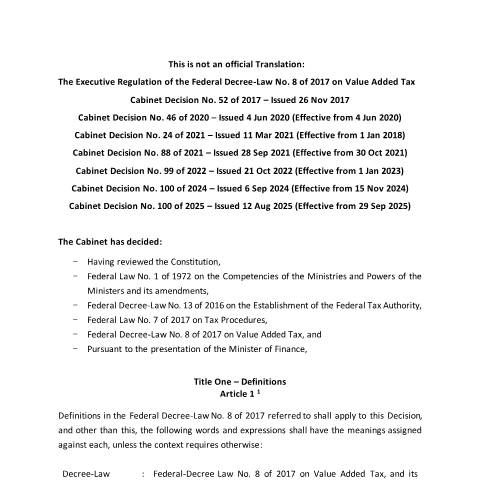 Document preview: Cabinet Decision No. 52 of 2017 of the Executive Regulation of the Federal Decree-Law No. 8 of 2017 on Value Added Tax and its amendments — Tax Legislation, United Arab Emirates (CERFA n°Cabinet Decision No. 52 of 2017)