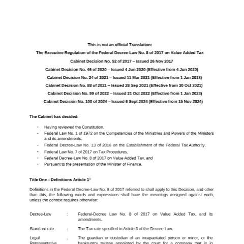 Document preview: Cabinet Decision No (52) of 2017 on the Executive Regulation of Federal Decree-Law No (8) of 2017 on Value Added Tax and its amendments — Tax Legislation, United Arab Emirates (CERFA n°Cabinet Decision No (52) of 2017)