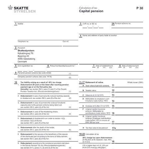 Document preview: Calculation of tax - P30 - 07.049 EN — 07 Tax: gift tax and pension, Danmark (CERFA n°07.049)