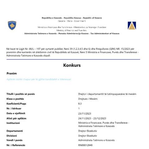 Document preview: Njoftim për rekrutim — Employment, Kosovë