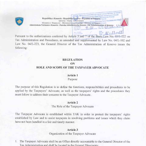 Document preview: REGULATION ON ROLE AND SCOPE OF THE TAXPAYER ADVOCATE — Avokati I Tatimpaguesve, Kosovë
