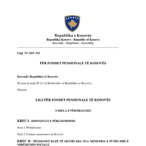 Document preview: Ligji Nr. 04/L-101 — Pensionet, Kosovë