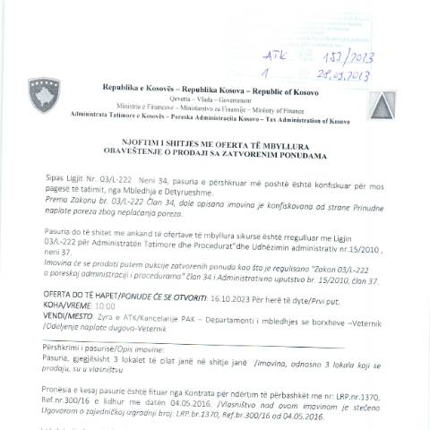 Document preview: NJOFTIM I SHITJES ME OFERTA TË MBYLLURA — Tenderetshpallje Publike, Kosovë