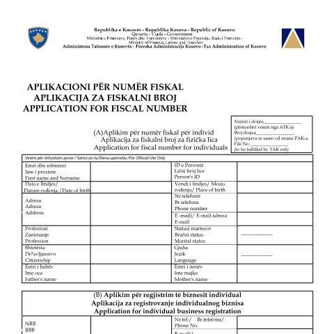 Document preview: APLIKACIONI PËR NUMËR FISKAL — Formularet, Kosovë