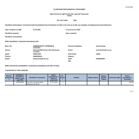Document preview: Planifikimi përfundimtar i prokurimit per vitin 2026 — Tenderetshpallje Publike, Kosovë