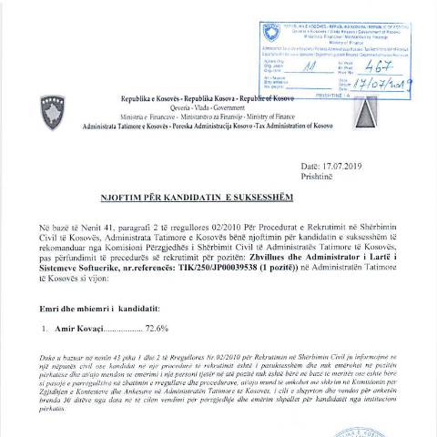 Document preview: Njoftim për kandidatin e suksesshëm — Employment, Kosovë
