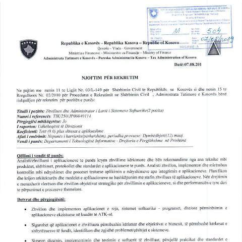 Document preview: NJOFTIM PËR REKRUTIM — Employment, Kosovë