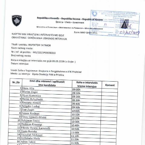 Document preview: NJOFTIM MBI MBAJTJEN E INTERVISTËS ME GOJË dt. 09.05.2019 — Employment, Kosovë