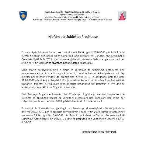 Document preview: Njoftim nga Komisioni për Lirime në import 2019 — Lirimet Tatimore, Kosovë