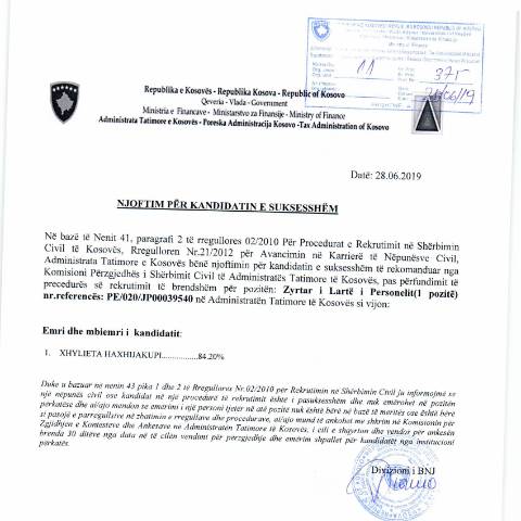Document preview: Njoftim për kandidatin e suksesshëm — Employment, Kosovë