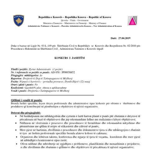 Document preview: KONKURS I JASHTËM — Employment, Kosovë