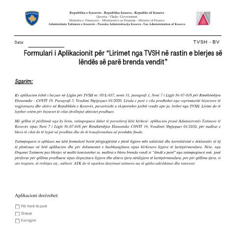 Document preview: Formulari i Aplikacionit për “Lirimet nga TVSH në rastin e blerjes së lëndës së parë brenda vendit” — Lirimet Tatimore, Kosovë