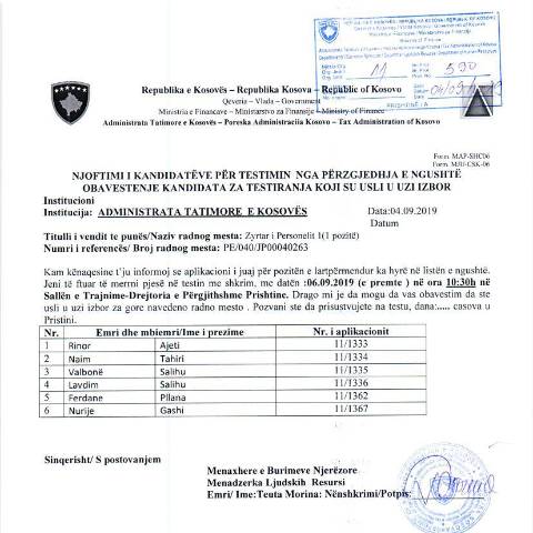 Document preview: Njoftimi i kandidatëve për test me shkrim — Employment, Kosovë