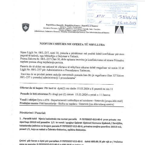 Document preview: NJOFTIM I SHITJES ME OFERTA TË MBYLLURA — Tenderetshpallje Publike, Kosovë