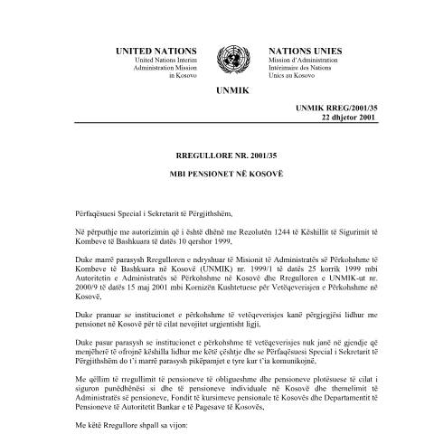 Document preview: Rregullore nr. 2001/35 — Pensionet, Kosovë