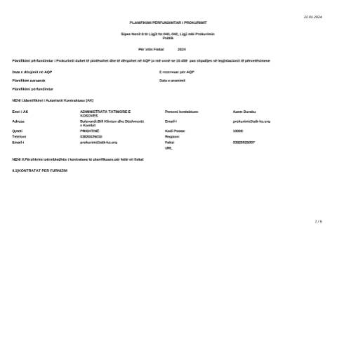 Document preview: Planifikimi përfundimtar i prokurimit per vitin 2024 — Tenderetshpallje Publike, Kosovë