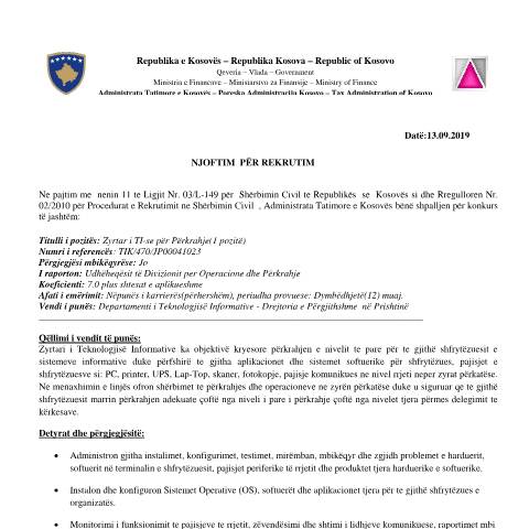 Document preview: Njoftim për rekrutim — Employment, Kosovë