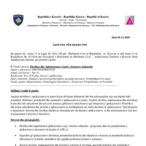 Document preview: Njoftim për rekrutim — Employment, Kosovë