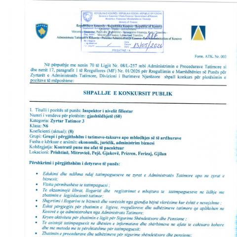 Document preview: Njoftim për rekrutim — Employment, Kosovë