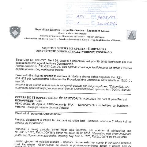 Document preview: NJOFTIM I SHITJES ME OFERTA TË MBYLLURA — Tenderetshpallje Publike, Kosovë