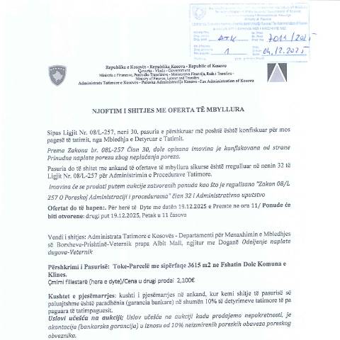 Document preview: NJOFTIM I SHITJES ME OFERTA TË MBYLLURA — Tenderetshpallje Publike, Kosovë