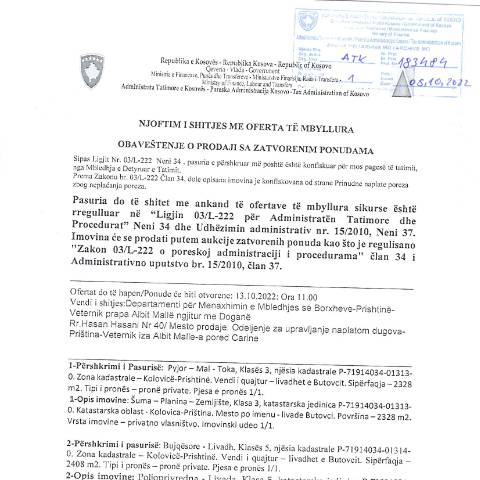 Document preview: NJOFTIM I SHITJES ME OFERTA TË MBYLLURA — Tenderetshpallje Publike, Kosovë