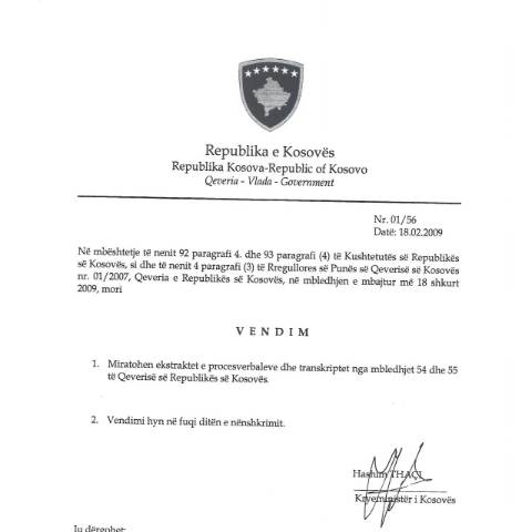 Document preview: Vendimi i Qeverisë — Legjislacioni Perkates, Kosovë