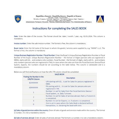 Document preview: Instructions for completing the SALES BOOK — Udhezues Manuale Dhe Rregullore, Kosovë