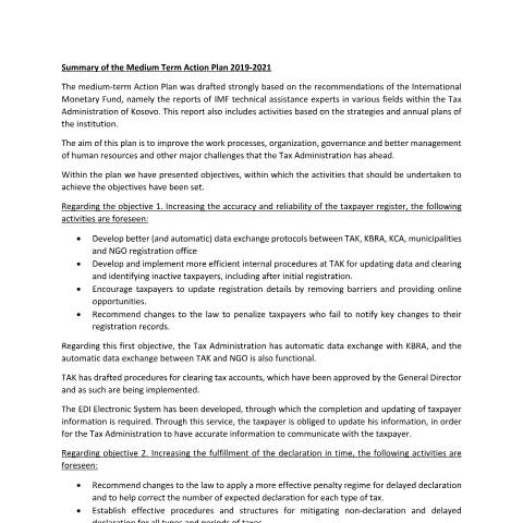Document preview: Summary of the Medium Term Action Plan — Annual Reports, Kosovë