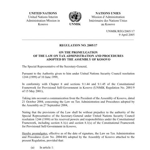 Document preview: Regulation no. 2005/17 — Regulations, Kosovë